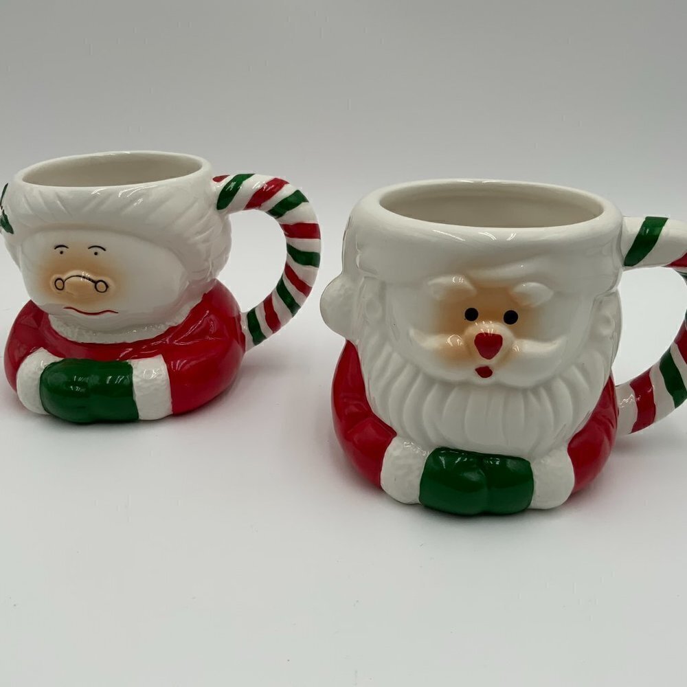 Set of 2 Holiday Mugs Mr & Mrs Santa Claus Vintage Christmas Stripe Handle